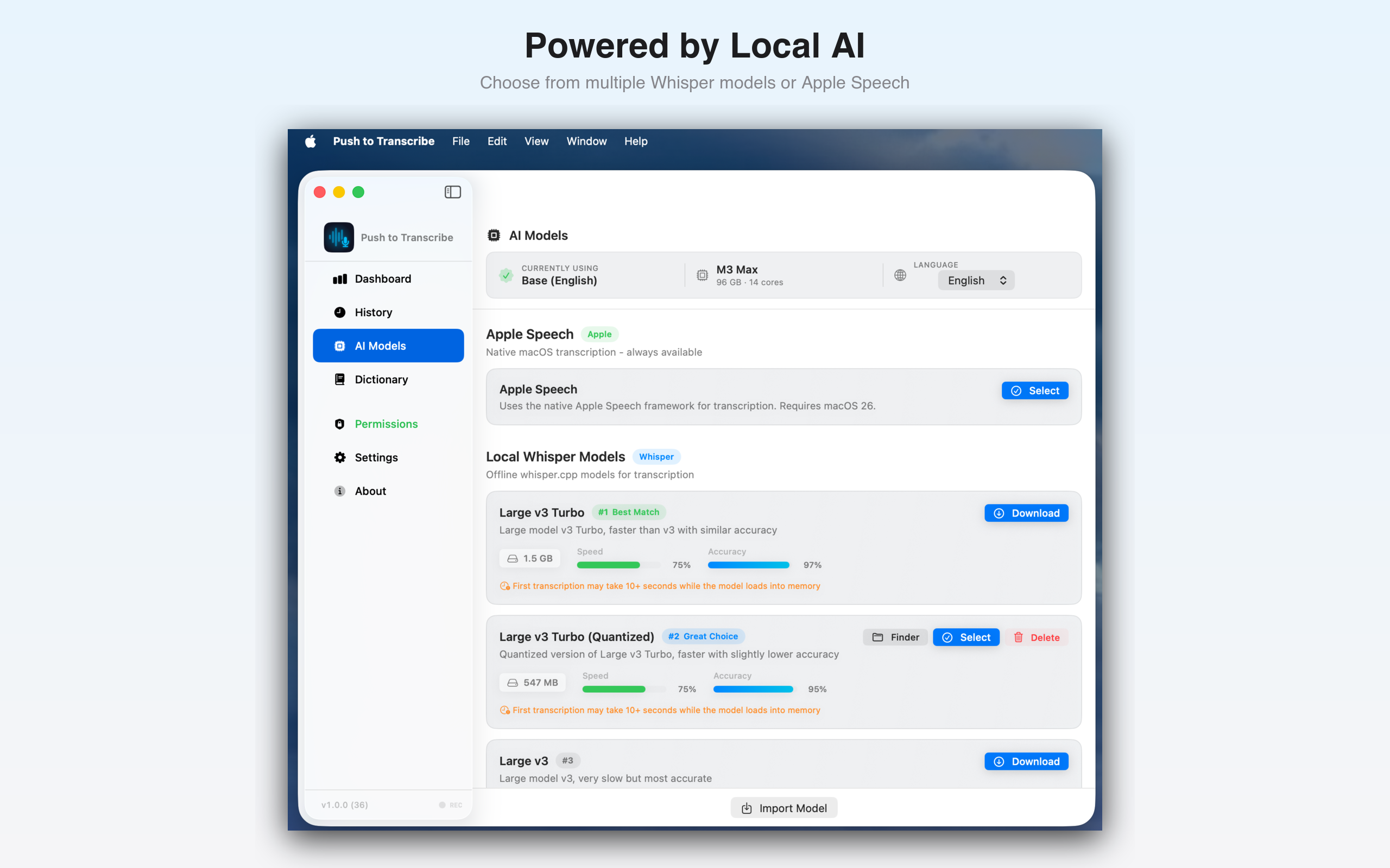 AI model picker with Whisper Lite, Whisper Fast, Whisper Large, and Apple Speech