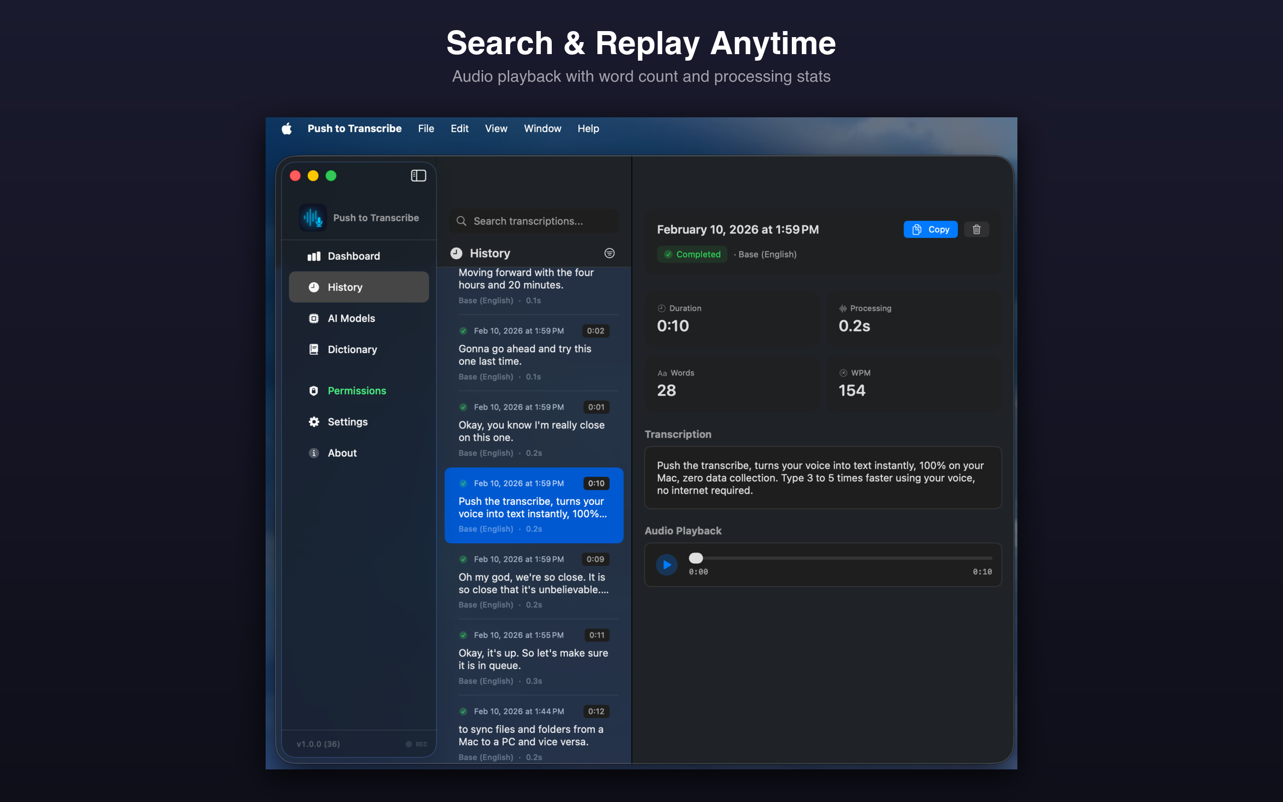 Transcription history with search, audio playback, and word count