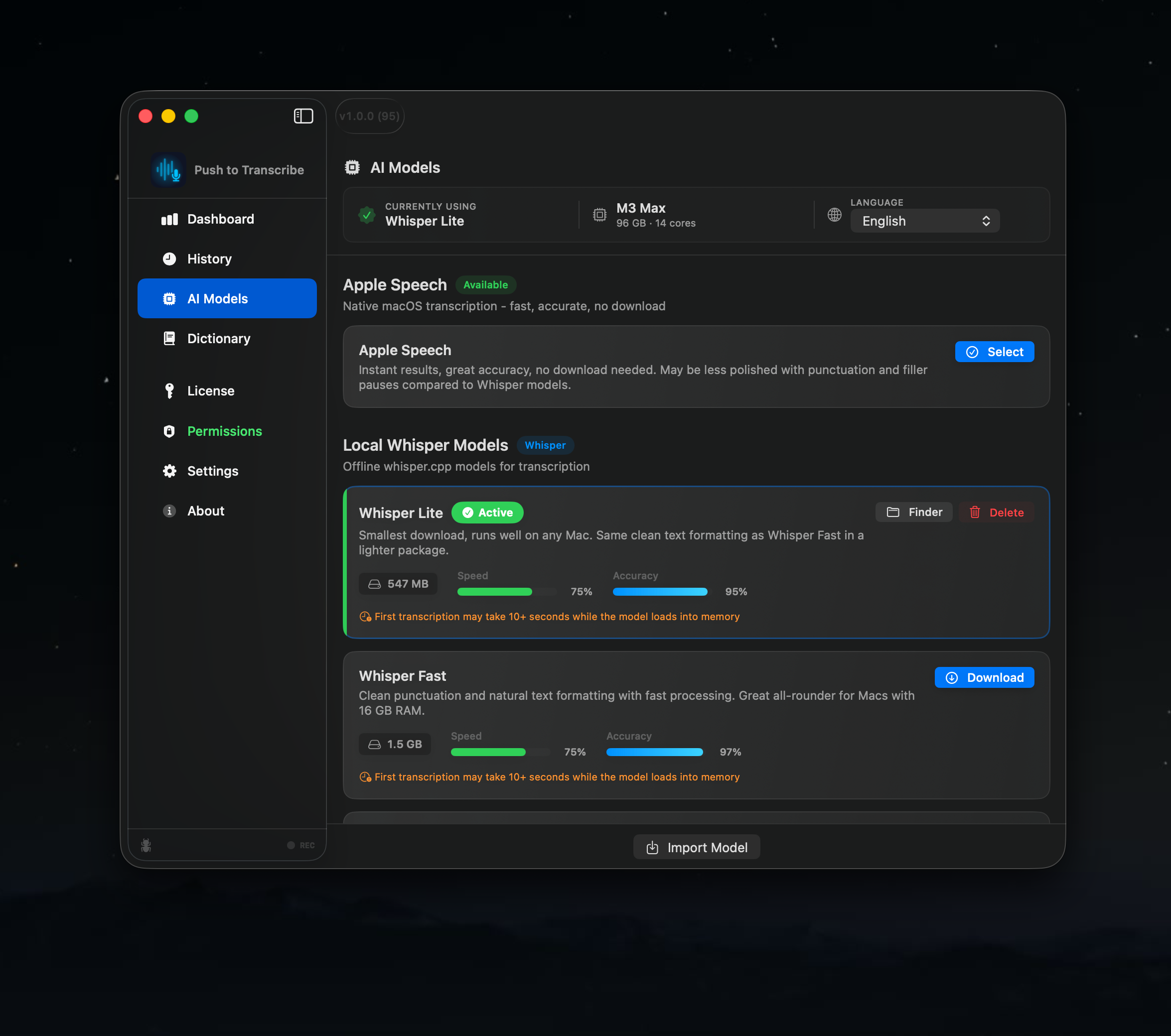 AI model picker with Whisper Lite, Whisper Fast, Apple Speech, speed and accuracy bars, model import
