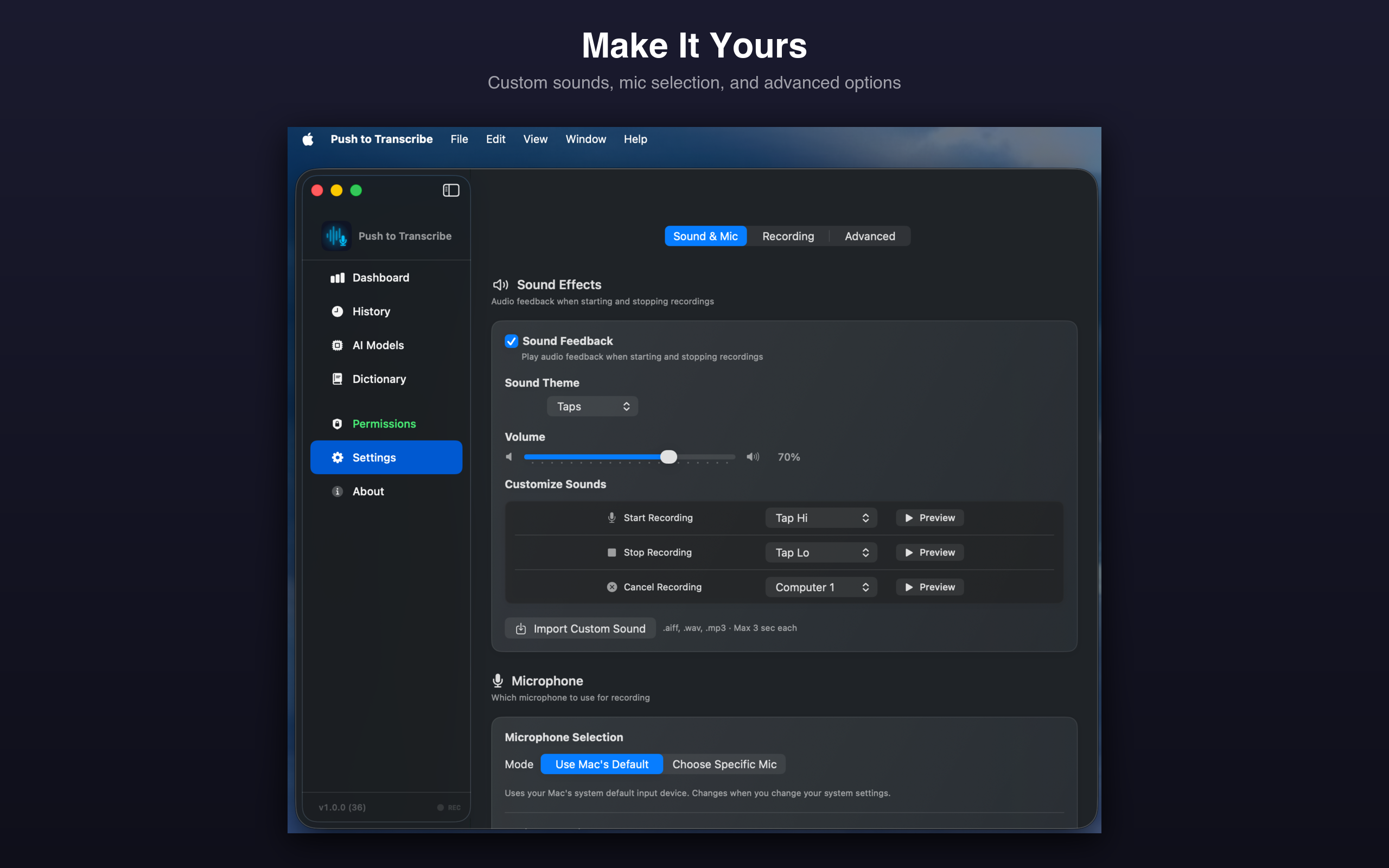 Settings panel with sound themes, microphone selection, and recording options