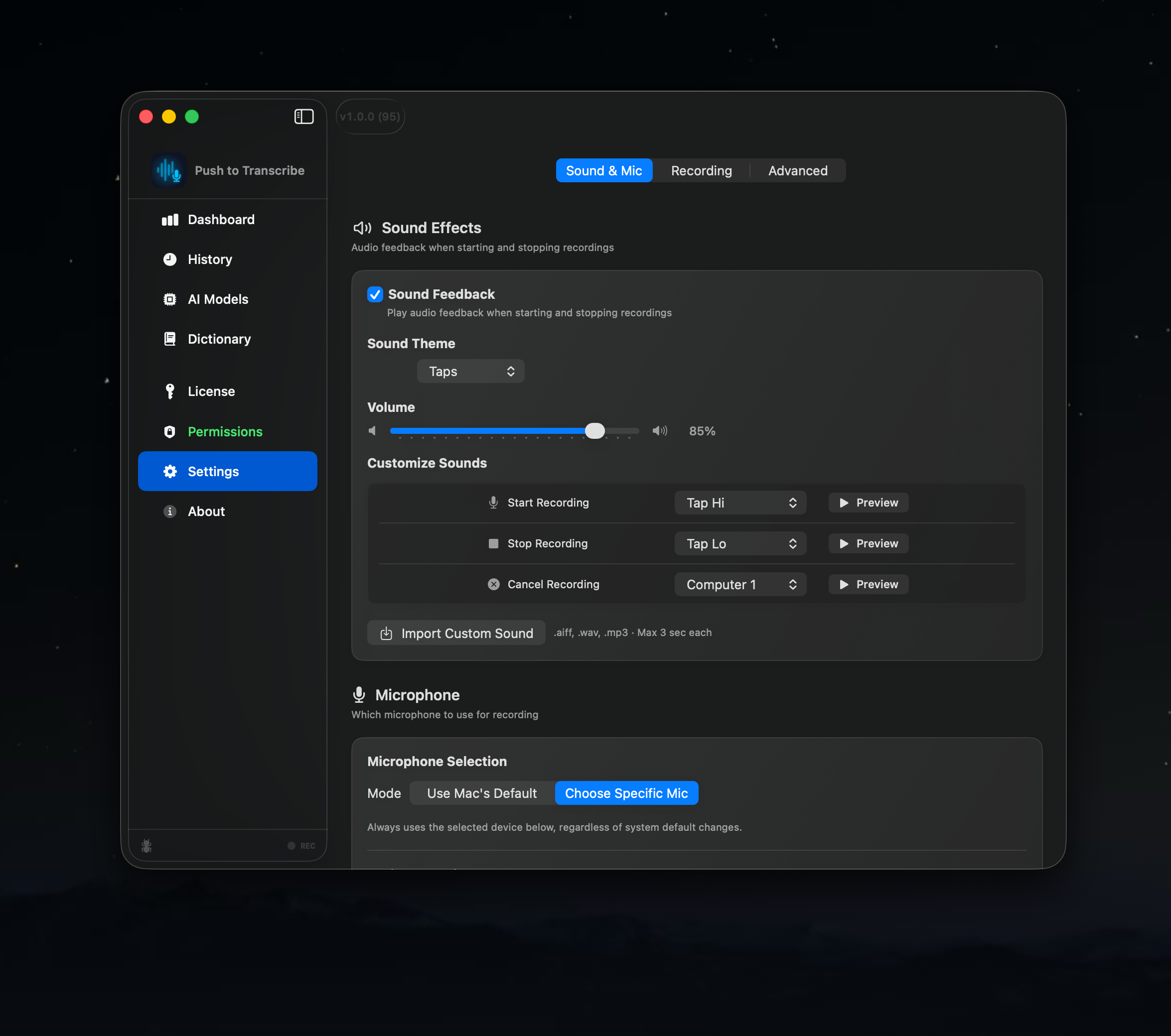 Settings: 8 sound themes with custom import, volume control, microphone selection