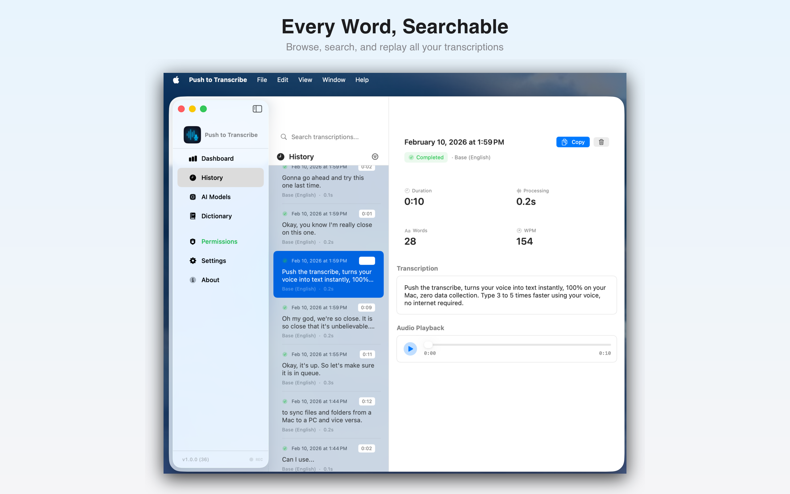 Transcription history with search, audio playback, and word count