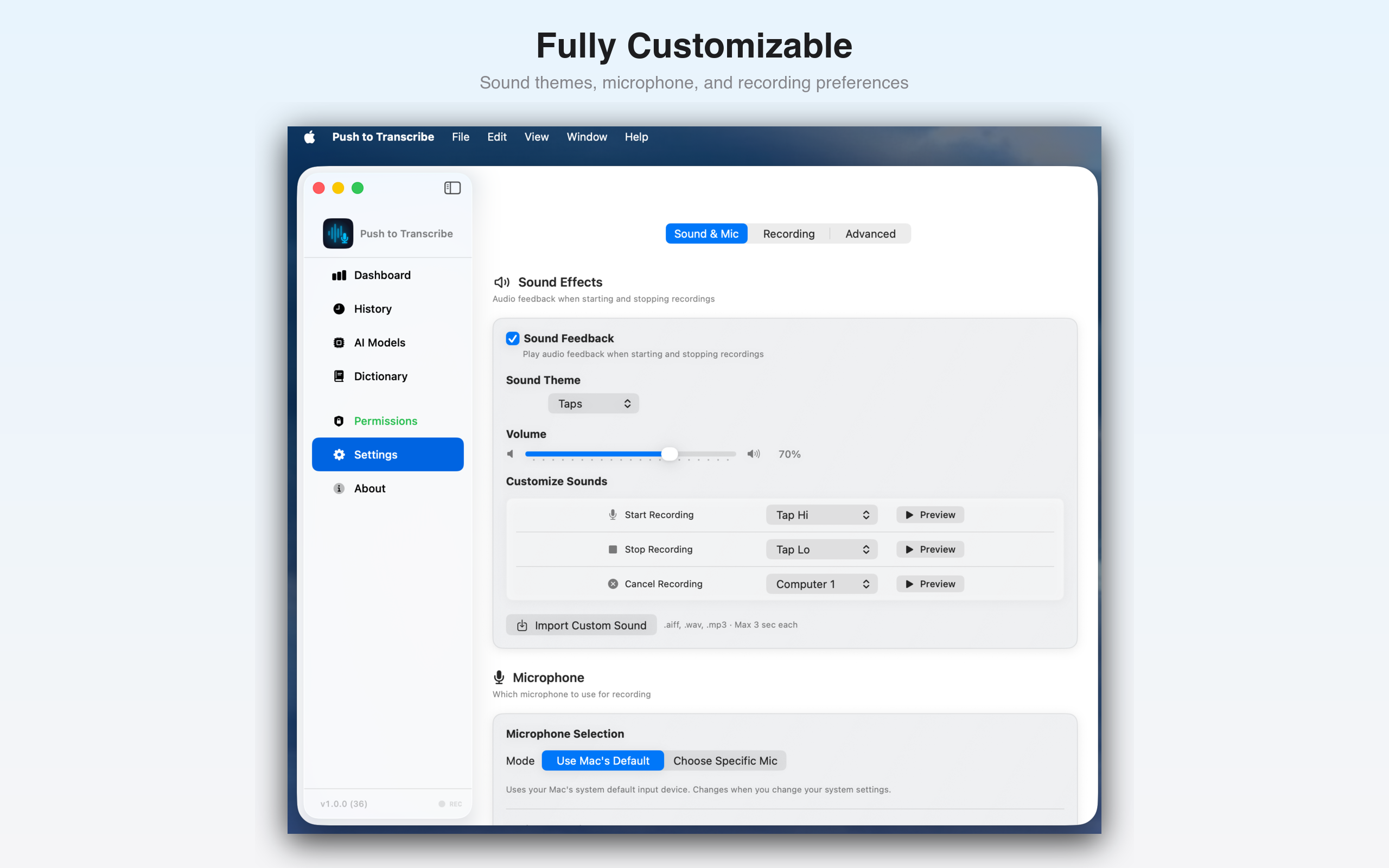 Settings panel with sound themes, microphone selection, and recording options