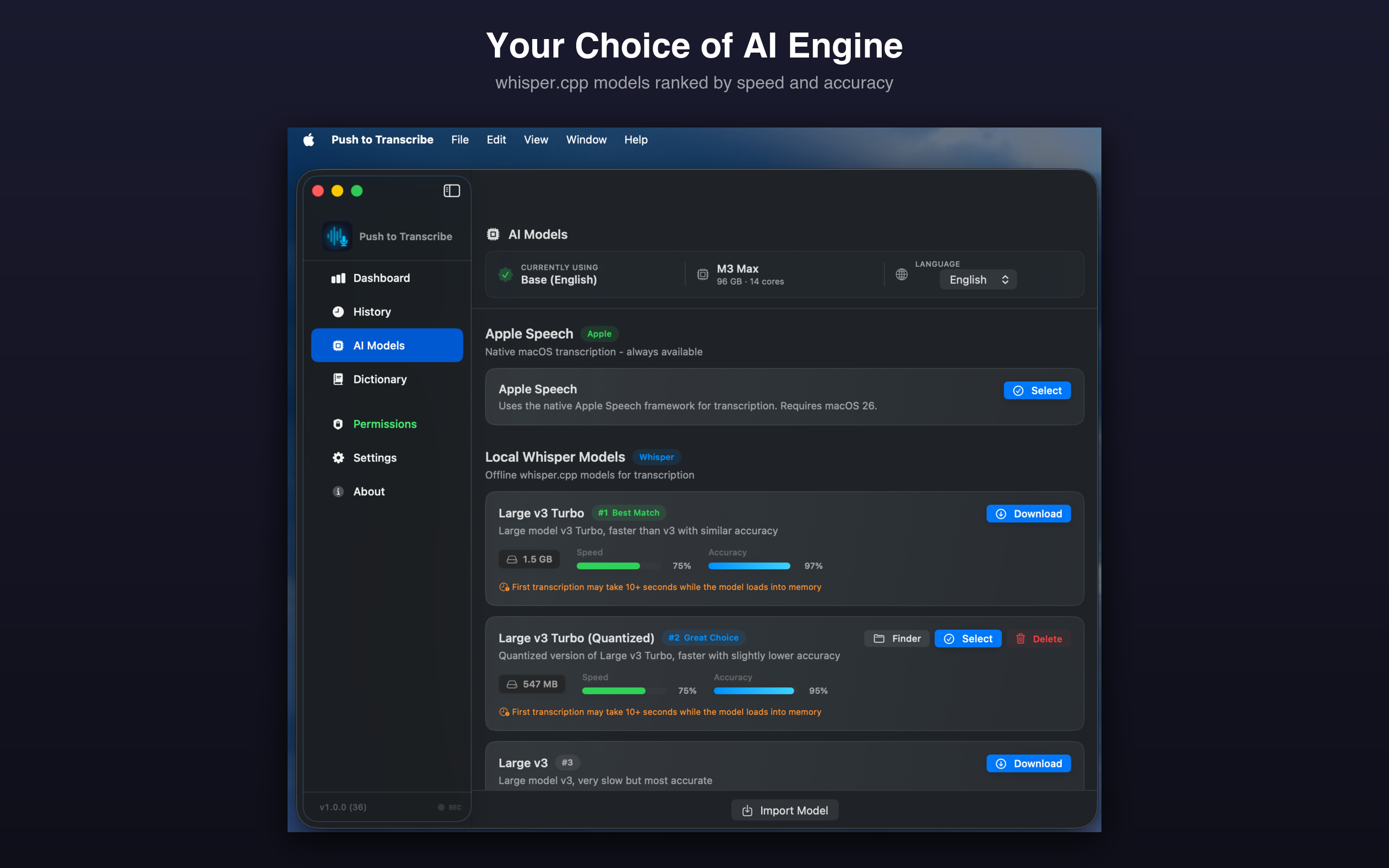 AI model picker with Whisper and Apple Speech options ranked by speed and accuracy